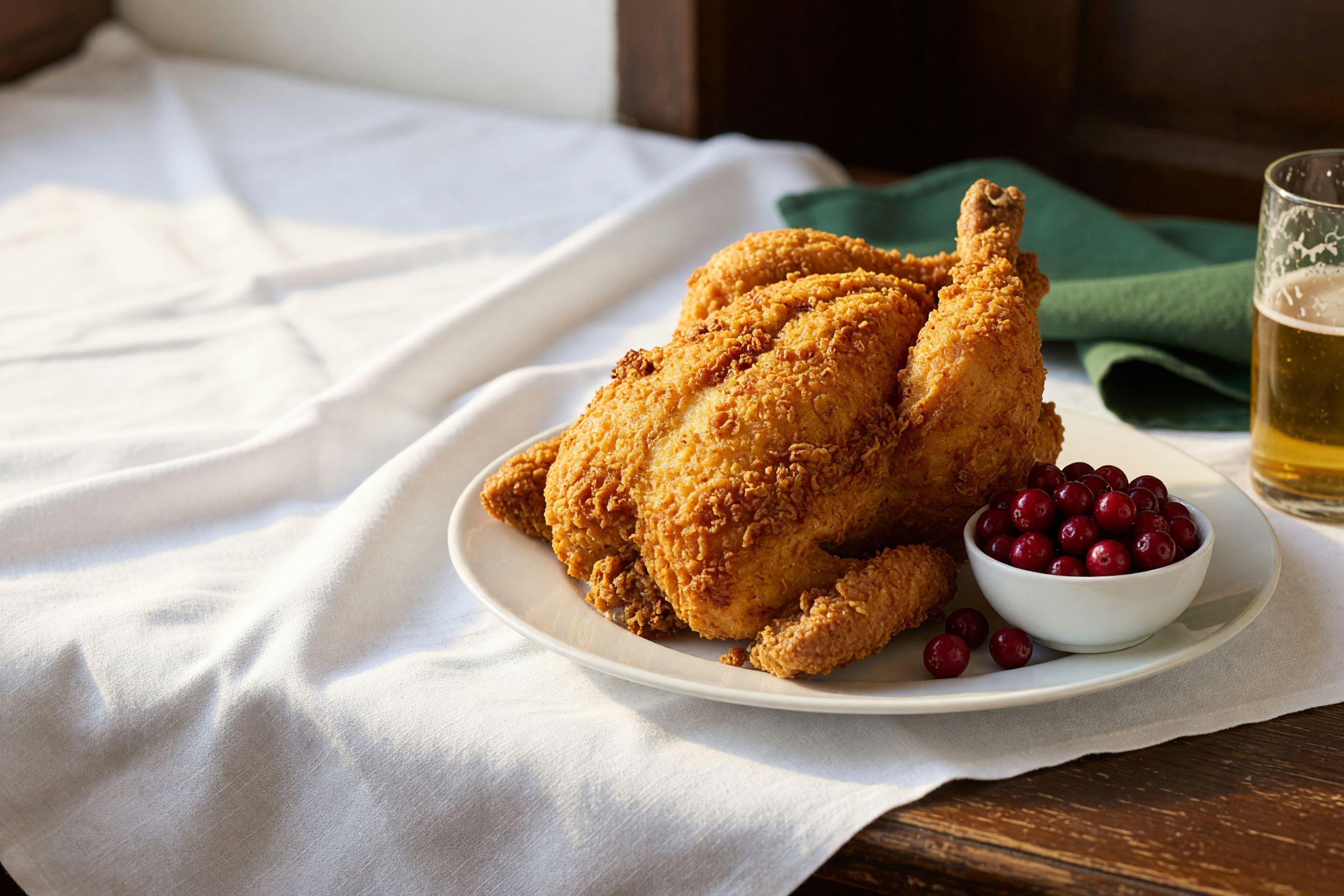 Goldbraunes Backhendl mit Preiselbeeren auf weißem Leinentischtuch, daneben ein Glas Zwickl-Bier im hellen Tageslicht